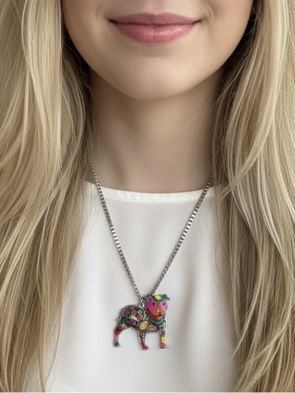 Metal Pit Bull Pendant Adjustable Necklace with Multicolor Enamel Accents - Picture 4 of 7